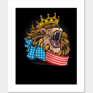 King lion of america with usa flag Posters and Art